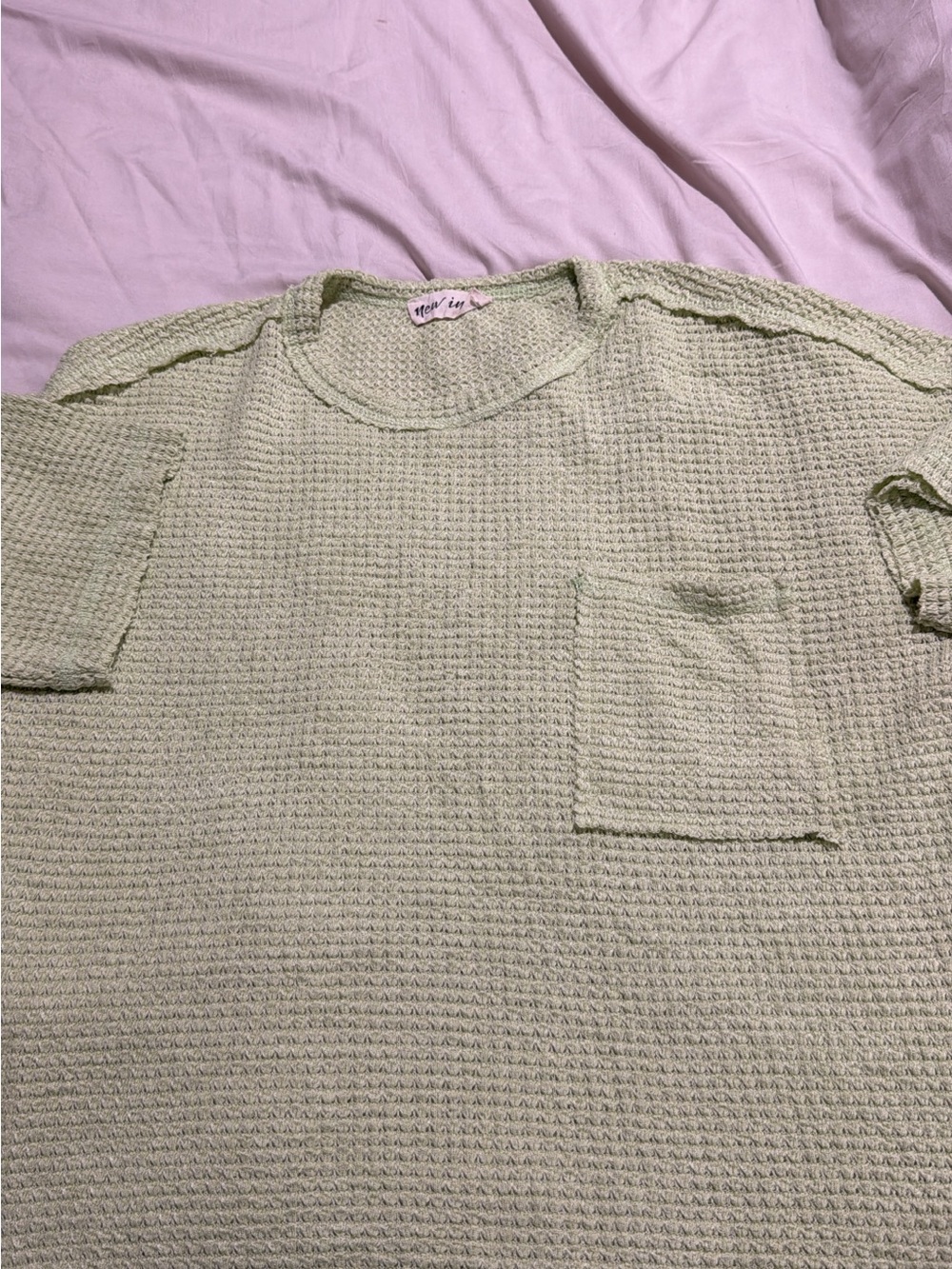 Women’s Light Green Waffle-Knit Crewneck Top with Pocket